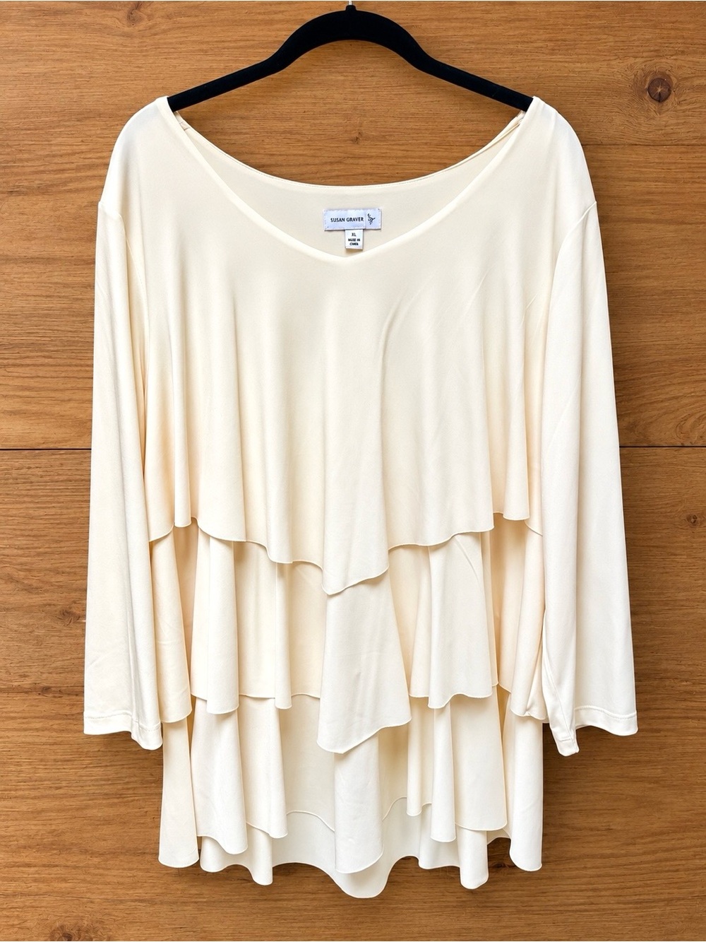 Susan Graver Women’s XL Ivory Solid Ruffle V Neck 3/4 Sleeve Tunic Blouse